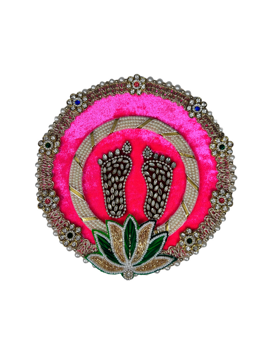 Laxmi Ji Charan Paduka with Lotus Flower - Kundan, Pearl & Stone Decorated 4-Legged Design | Ideal Diwali Gift & Pooja Item