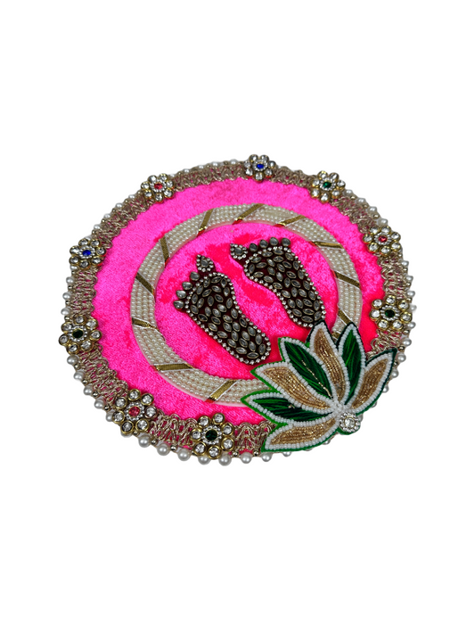 Laxmi Ji Charan Paduka with Lotus Flower - Kundan, Pearl & Stone Decorated 4-Legged Design | Ideal Diwali Gift & Pooja Item