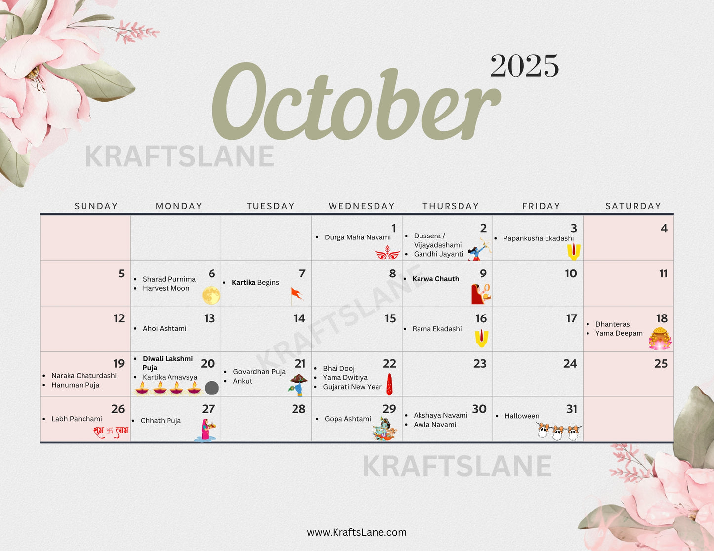 2026 Hindu Calendar Printable Planner Indian Festivals and Major USA Holidays Digital PDF Download