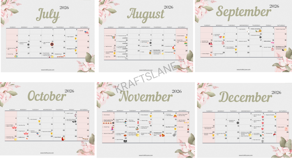 2026 Hindu Calendar Printable Planner Indian Festivals and Major USA Holidays Digital PDF Download