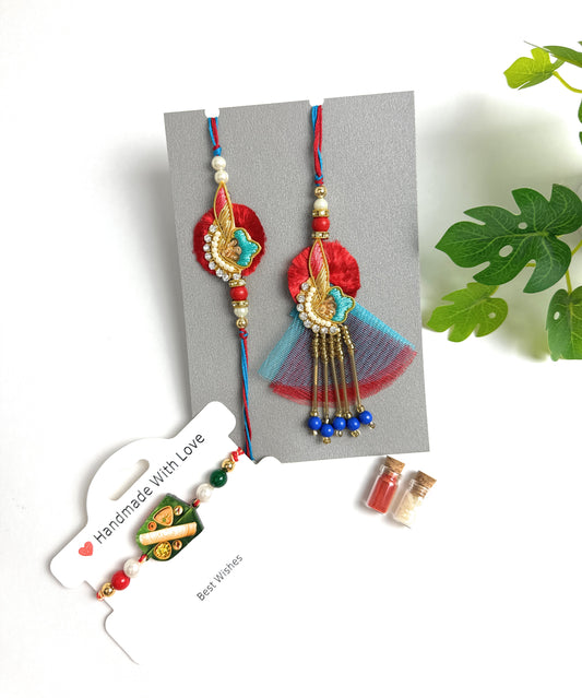 Premium Handmade Rakhi Set-Designer, Traditional Rakhi for Bhai-Bhabhi, Kids, Brother-Sister|High-Quality Raksha Bandhan Gift with Roli Chawal | Red-Blue Stone Rakhi