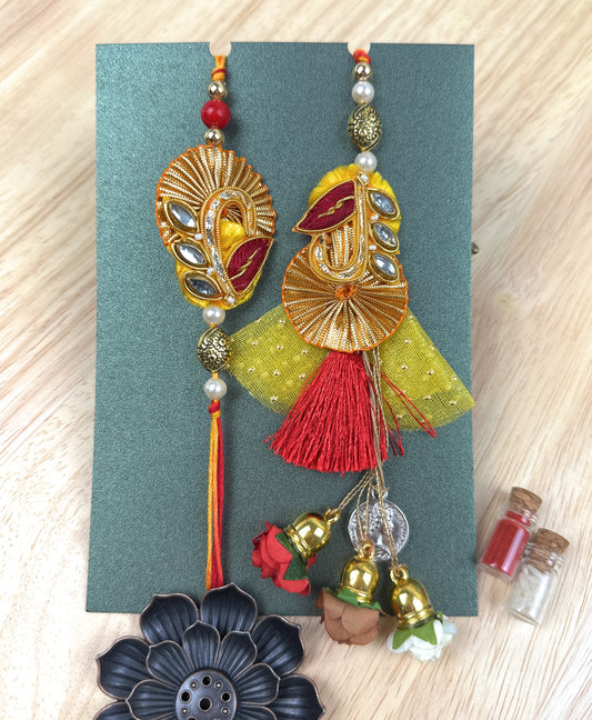 Premium Handmade Rakhi Set-Designer, Traditional Rakhi for Bhai-Bhabhi, Kids, Brother-Sister|High-Quality Raksha Bandhan Gift with Roli Chawal | Yellow Red Kundan