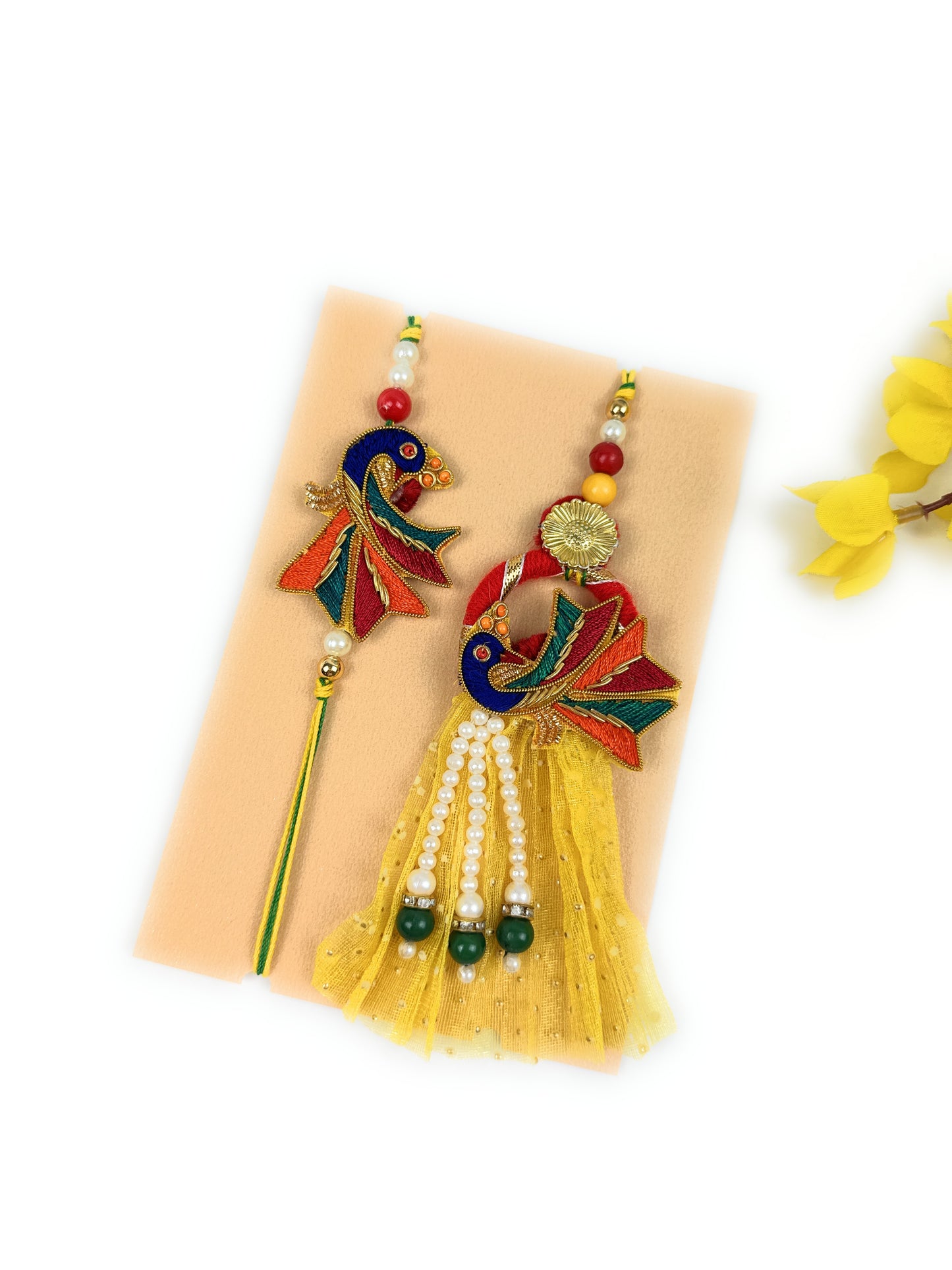 Premium Handmade Rakhi Set-Designer, Traditional Rakhi for Bhai-Bhabhi, Kids, Brother-Sister|High-Quality Raksha Bandhan Gift with Roli Chawal | Peacock Style8