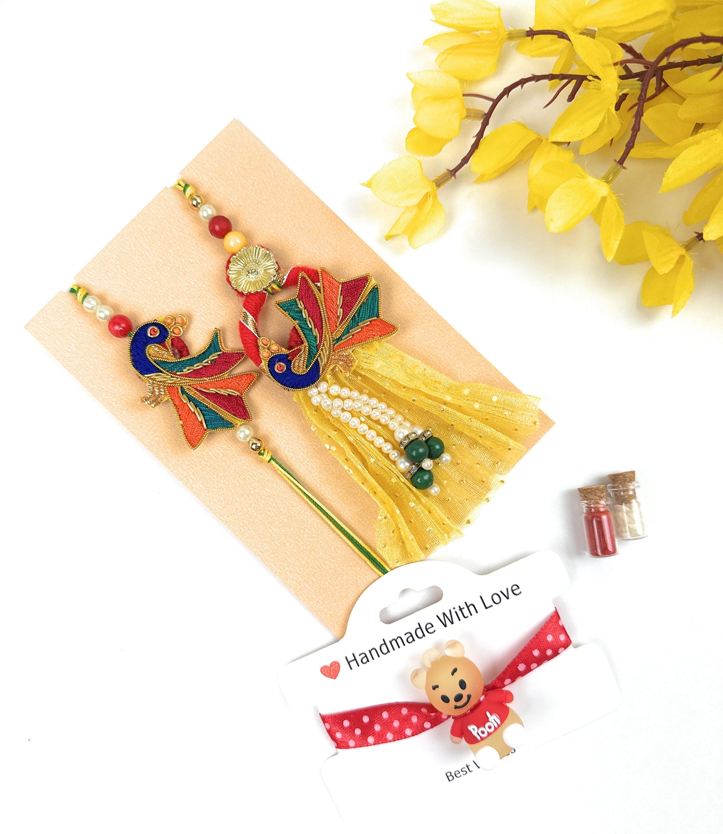 Premium Handmade Rakhi Set-Designer, Traditional Rakhi for Bhai-Bhabhi, Kids, Brother-Sister|High-Quality Raksha Bandhan Gift with Roli Chawal | Peacock Style8