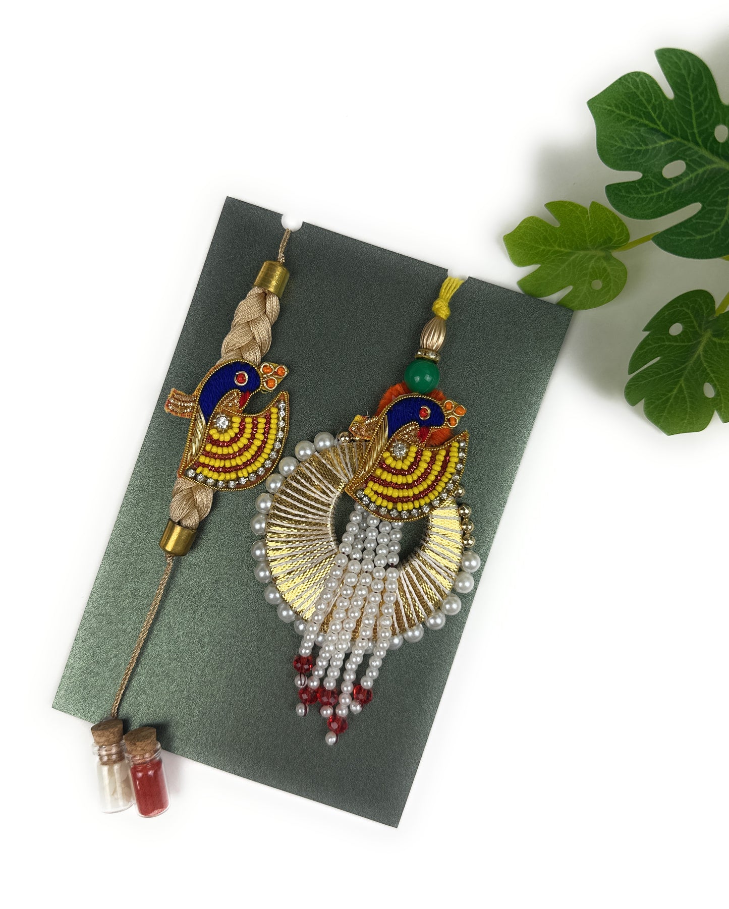 Premium Handmade Rakhi Set-Designer, Traditional Rakhi for Bhai-Bhabhi, Kids, Brother-Sister|High-Quality Raksha Bandhan Gift with Roli Chawal | Peacock Style9