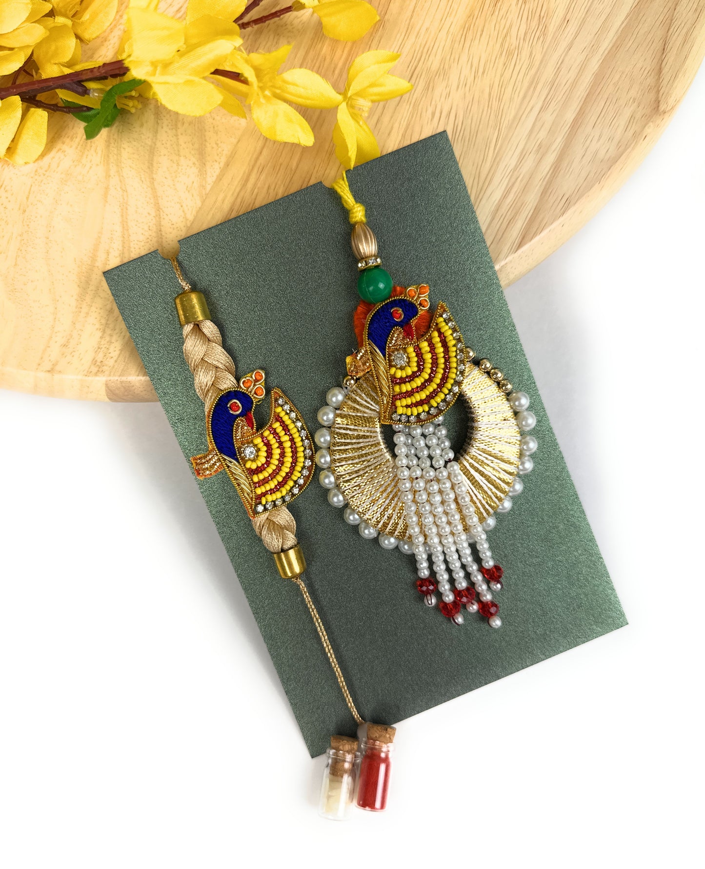 Premium Handmade Rakhi Set-Designer, Traditional Rakhi for Bhai-Bhabhi, Kids, Brother-Sister|High-Quality Raksha Bandhan Gift with Roli Chawal | Peacock Style9