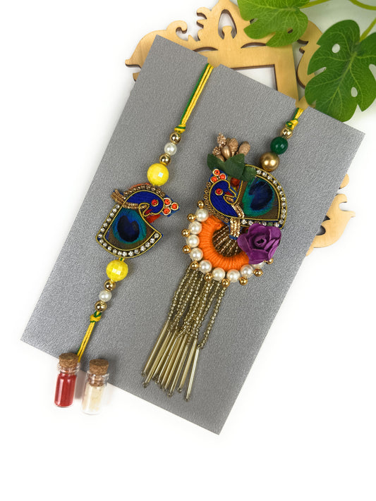 Premium Handmade Rakhi Set-Designer, Traditional Rakhi for Bhai-Bhabhi, Kids, Brother-Sister|High-Quality Raksha Bandhan Gift with Roli Chawal | Peacock Style10