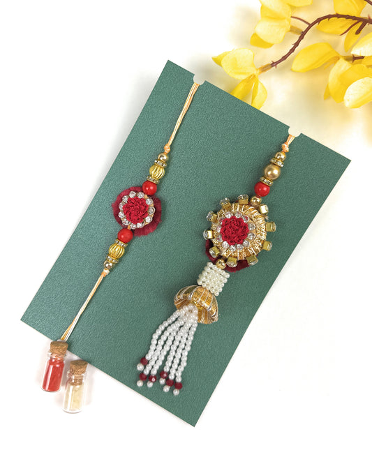 Premium Handmade Rakhi Set-Designer, Traditional Rakhi for Bhai-Bhabhi, Kids, Brother-Sister|High-Quality Raksha Bandhan Gift with Roli Chawal | Pearl