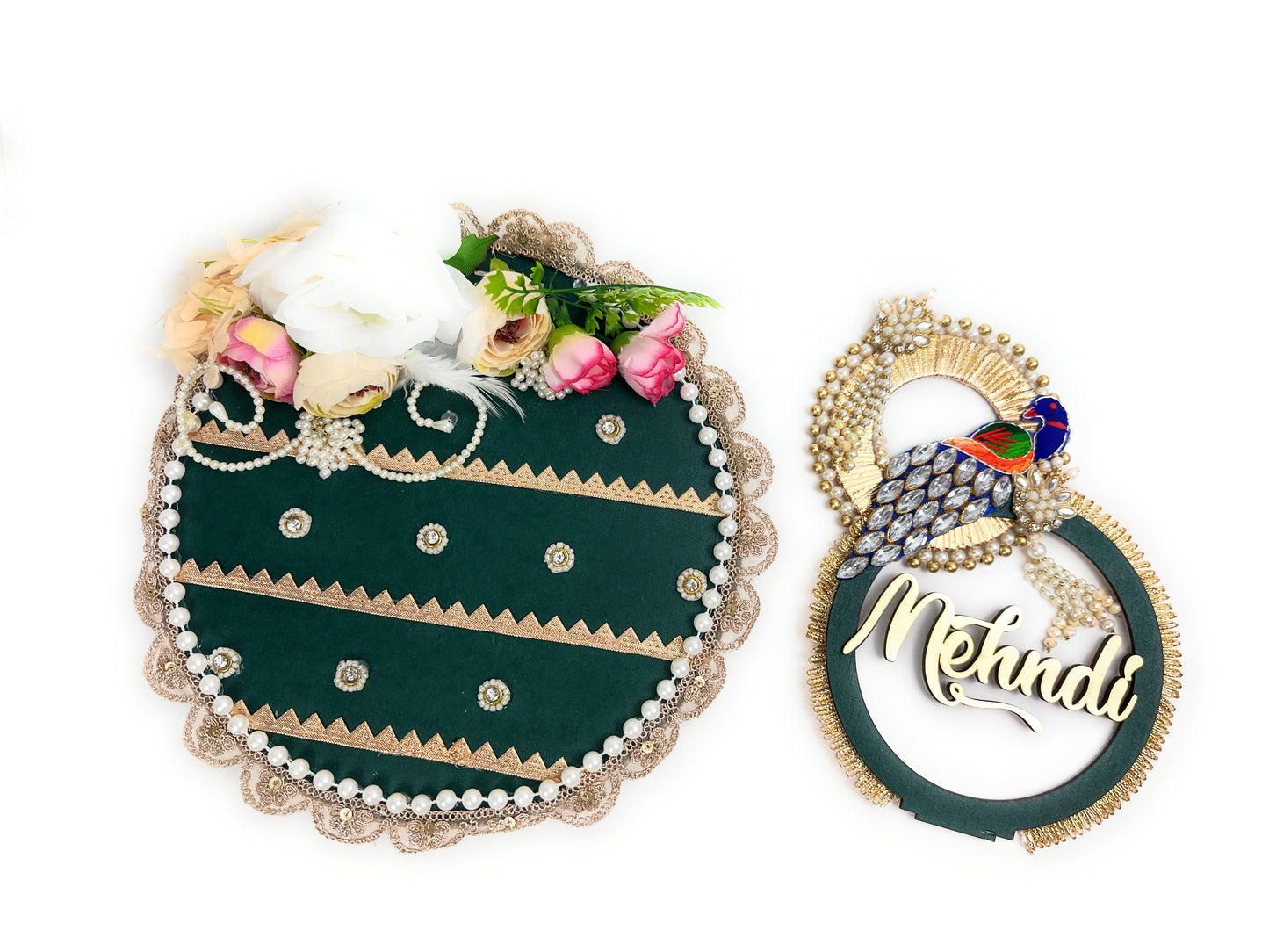 Green Gold Henna Tray – Handcrafted Mehndi Wedding Ritual Platter Décor