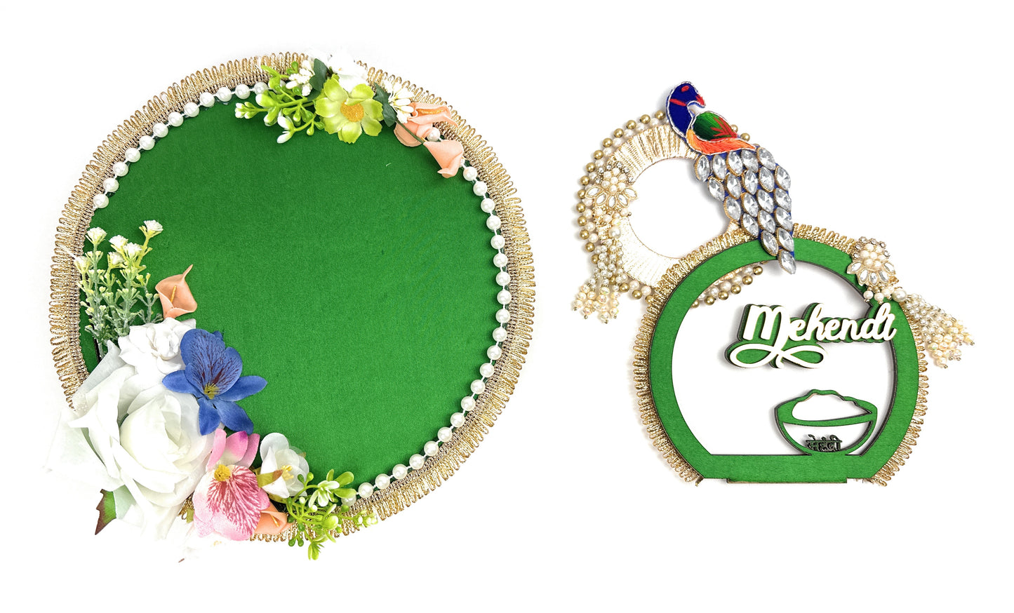 Green Gold Henna Tray – Handcrafted Mehndi Wedding Ritual Platter Décor
