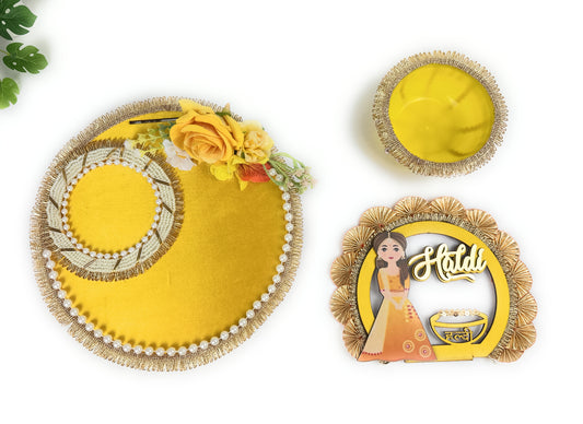 Haldi Wedding Ceremony Tray Set – Yellow Foldable Handcrafted Wedding Ritual Platter