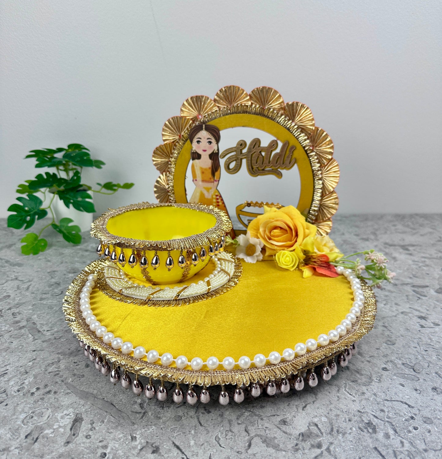 Haldi Wedding Ceremony Tray Set – Yellow Foldable Handcrafted Wedding Ritual Platter