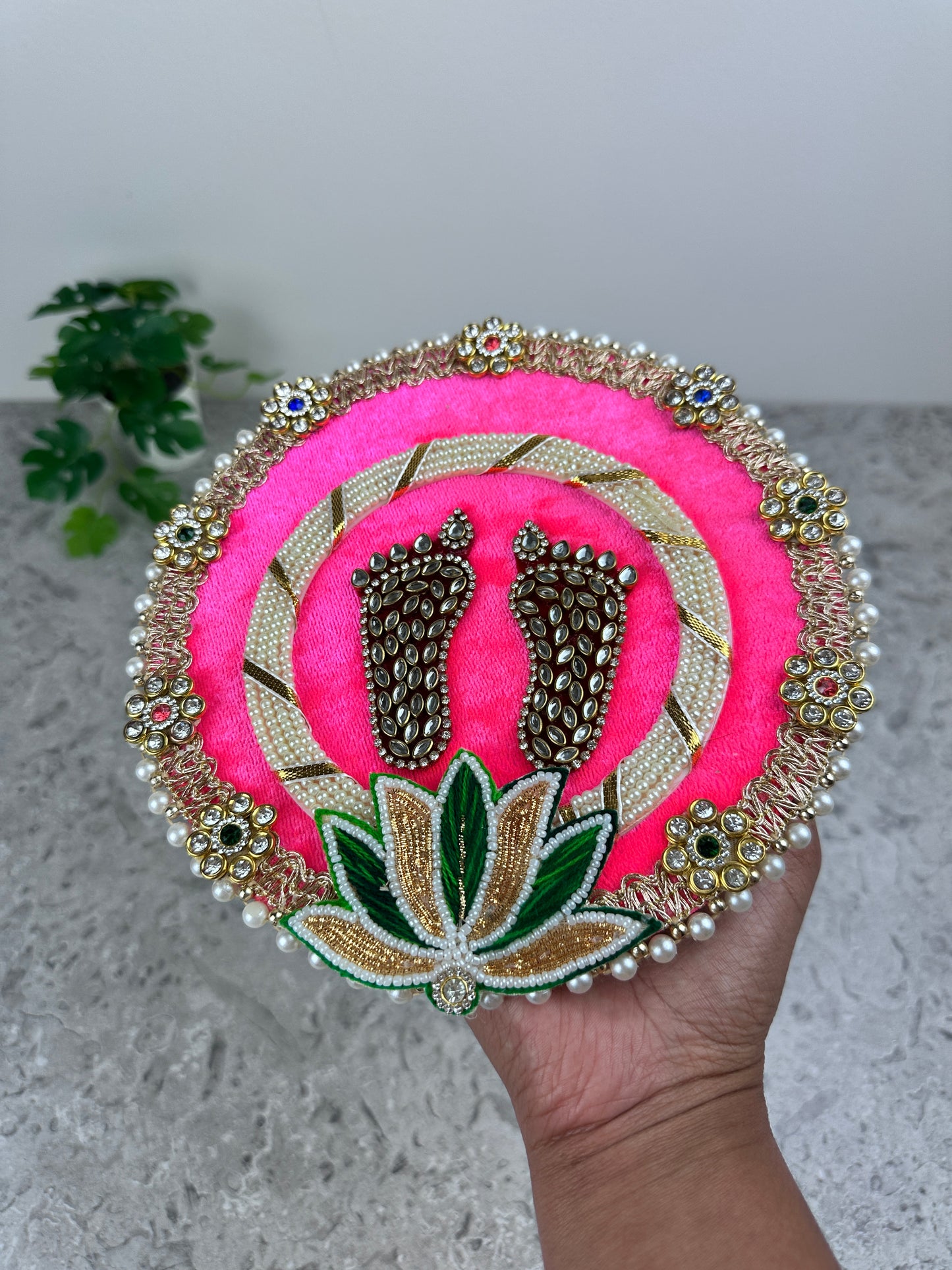 Laxmi Ji Charan Paduka with Lotus Flower - Kundan, Pearl & Stone Decorated 4-Legged Design | Ideal Diwali Gift & Pooja Item