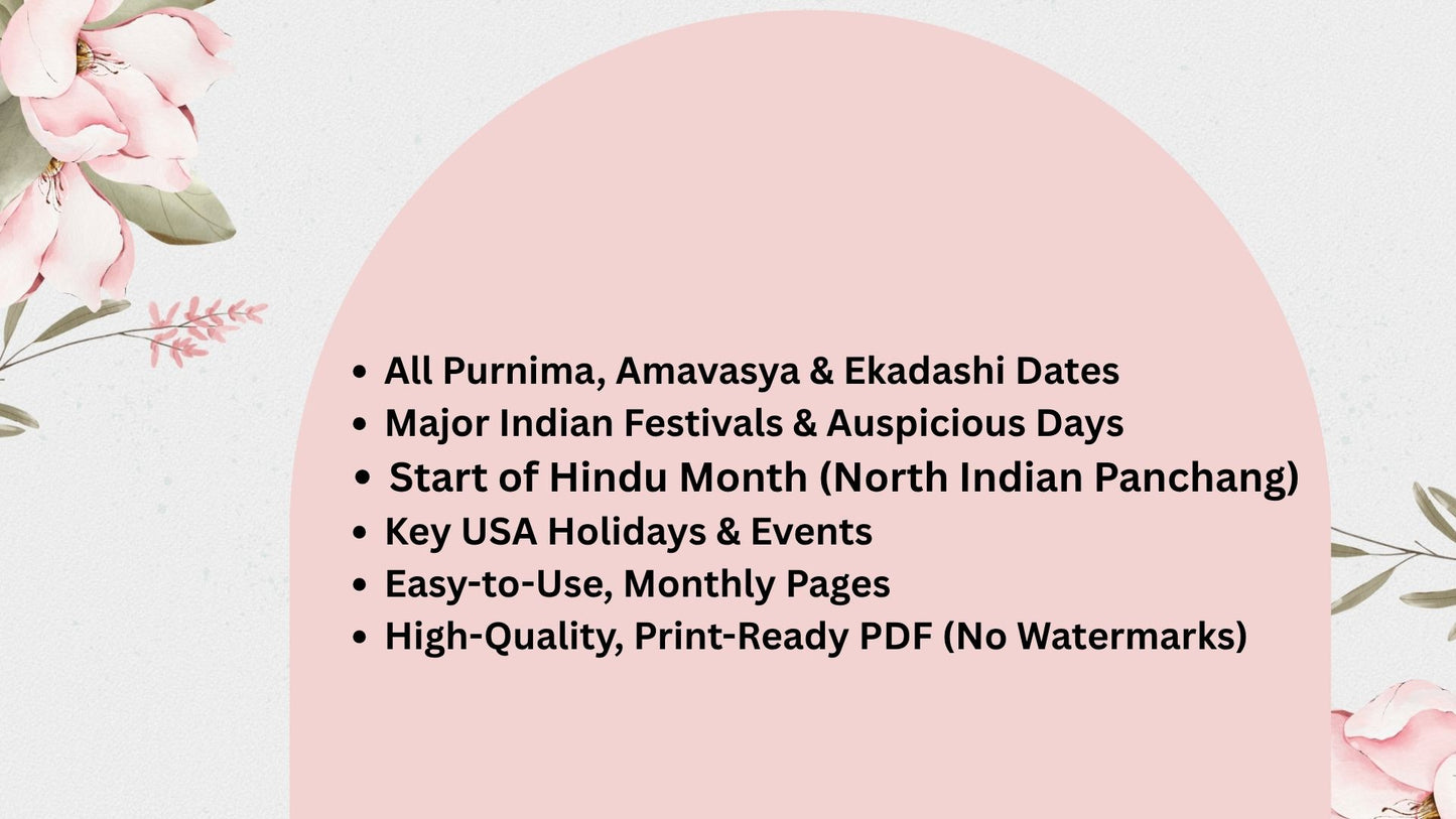 2026 Hindu Calendar Printable Planner Indian Festivals and Major USA Holidays Digital PDF Download