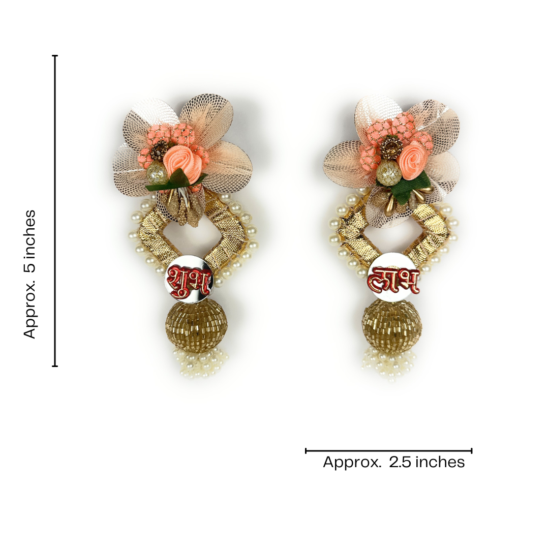 Indian Decorative Shubh-Labh Door Hanging with Pearls and Gemstones, Durable, Diwali Deepawali Decor, Housewarming, Unique Gift (Peach & Golden)