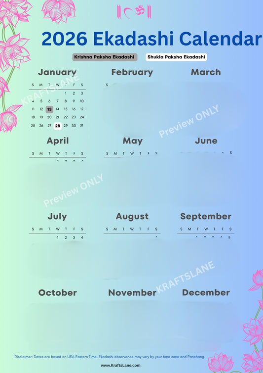 2026 Ekadashi Calendar Hindu Fasting Dates Digital Download PDF