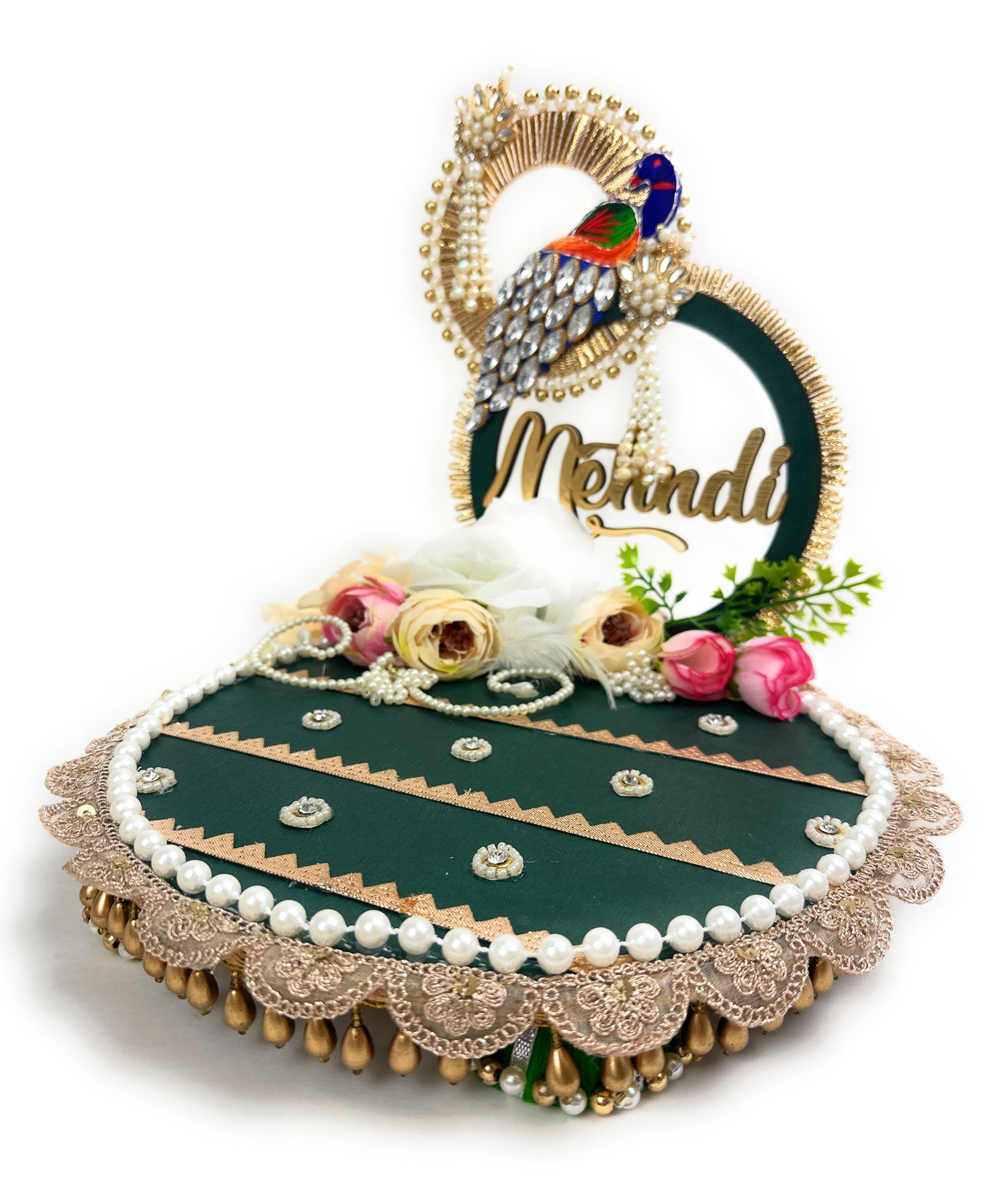 Green gold mehndi tray for Indian wedding, handcrafted henna ceremony ritual platter decor with pearl embellishments