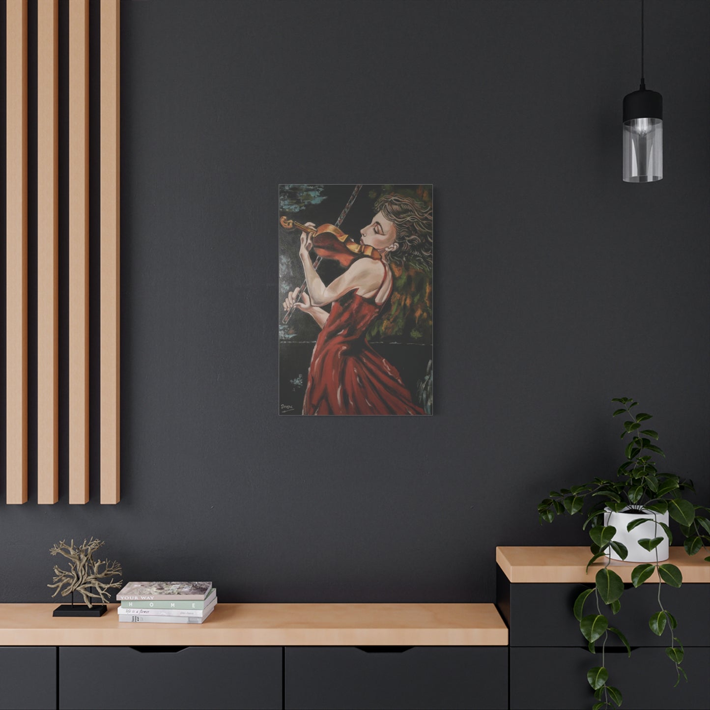 Violinist Wall Art Painting Print – Woman in Red Dress Playing Violin, Romantic Music Artwork, Expressive Canvas Decor