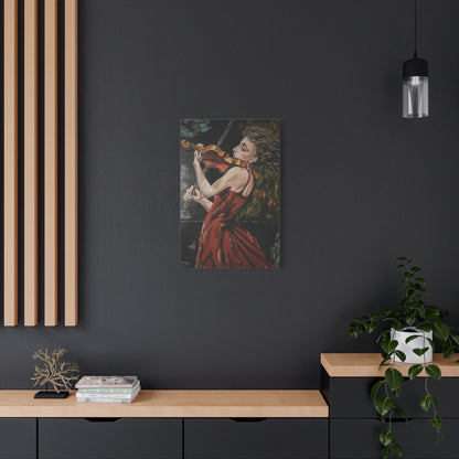 Violinist Wall Art Painting Print – Woman in Red Dress Playing Violin, Romantic Music Artwork, Expressive Canvas Decor