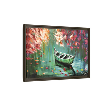 Boat Painting Canvas Print — Framed Matte Wall Art, Serene Lake with Floral Reflections | Original Artwork Printed and Framed Ready to use