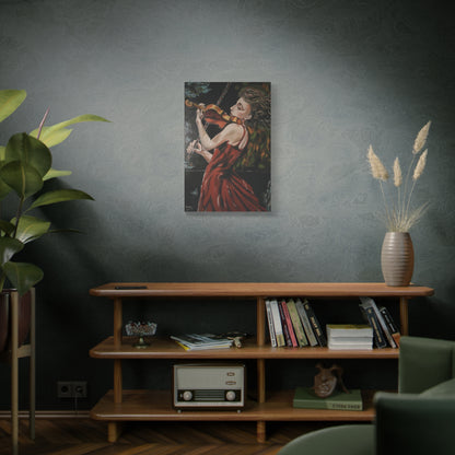 Violinist Wall Art Painting Print – Woman in Red Dress Playing Violin, Romantic Music Artwork, Expressive Canvas Decor