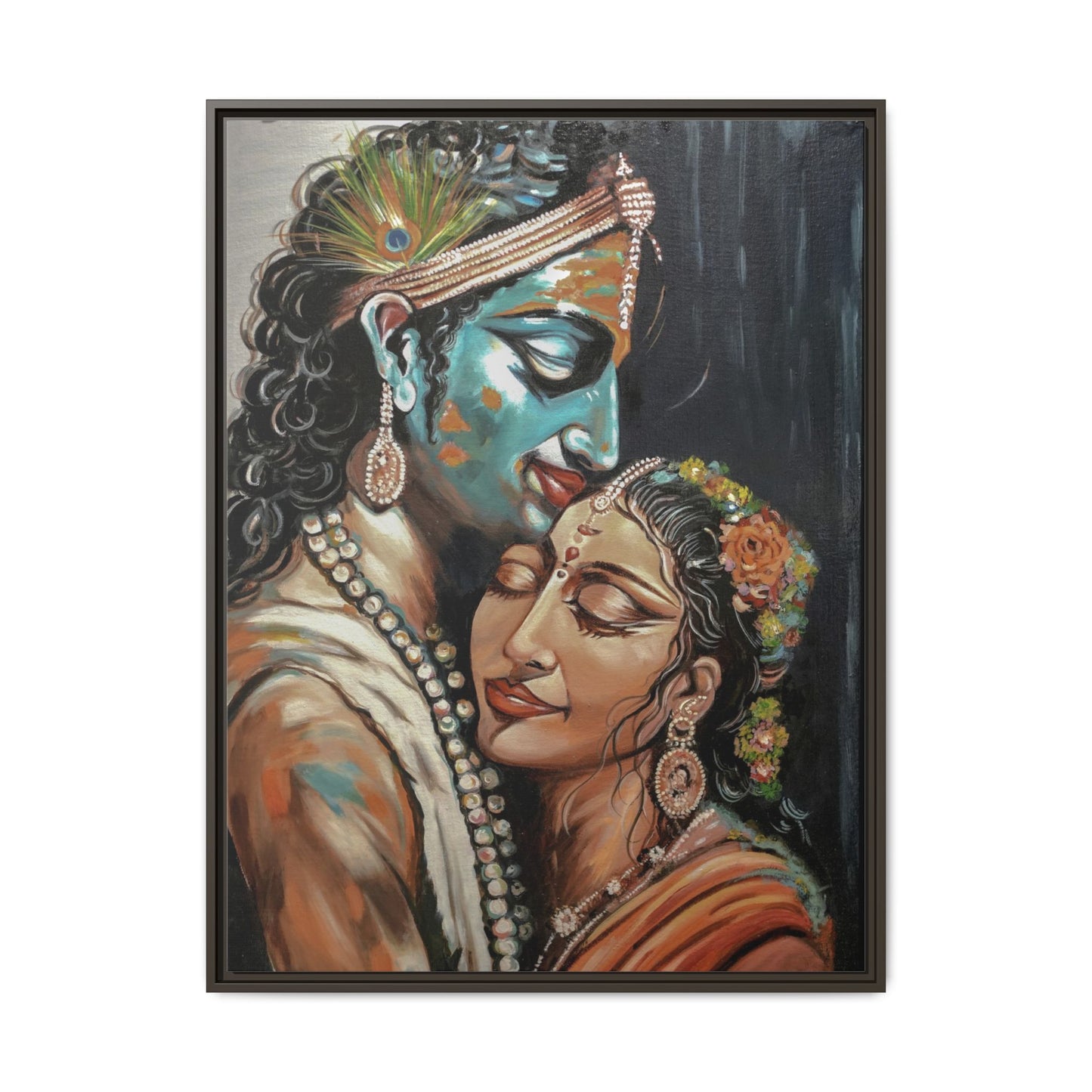 Radha Krishna Wall Art Print – Romantic Hindu Devotional Canvas – Krishna Peacock Feather Painting – Spiritual Home Decor