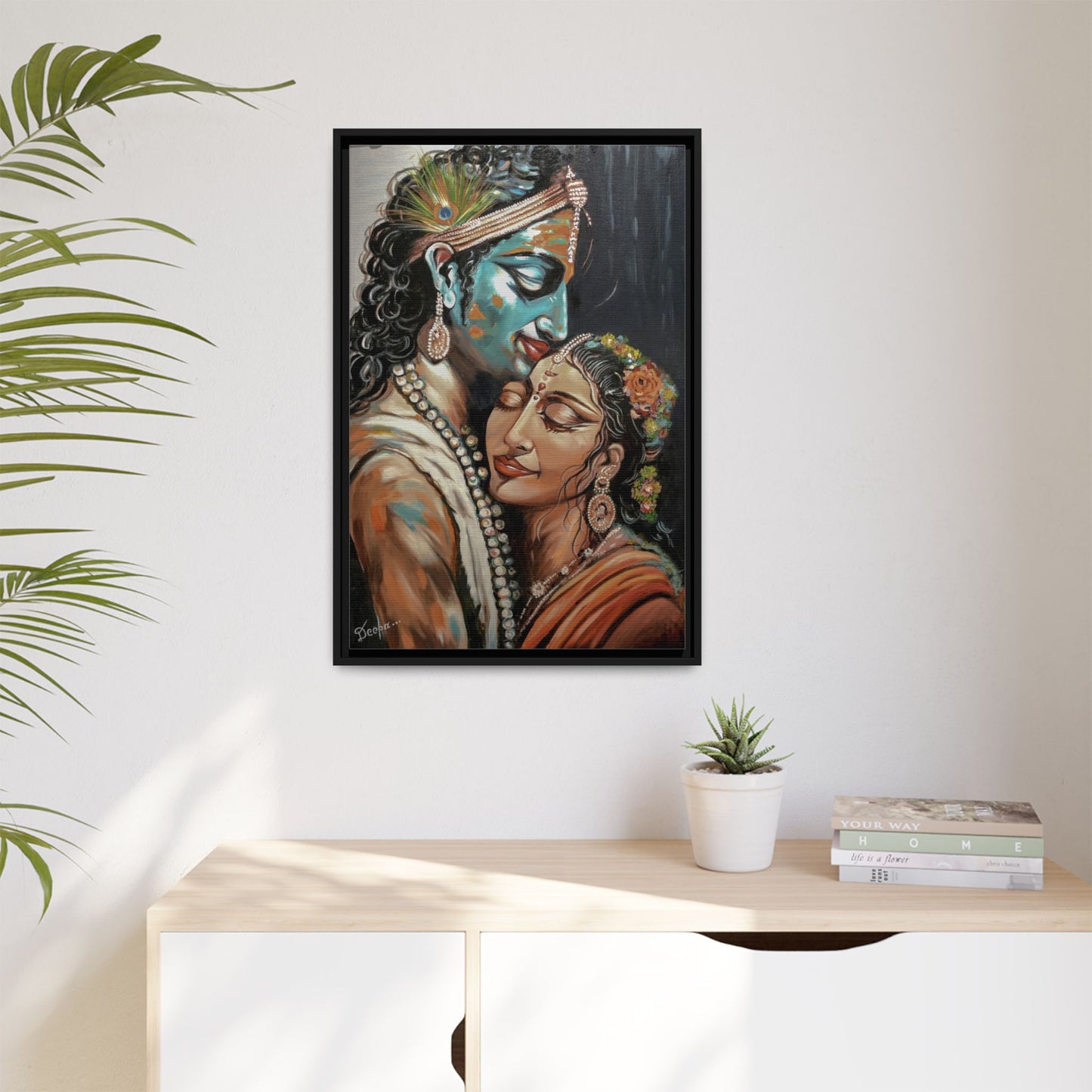 Radha Krishna Wall Art Print – Romantic Hindu Devotional Canvas – Krishna Peacock Feather Painting – Spiritual Home Decor