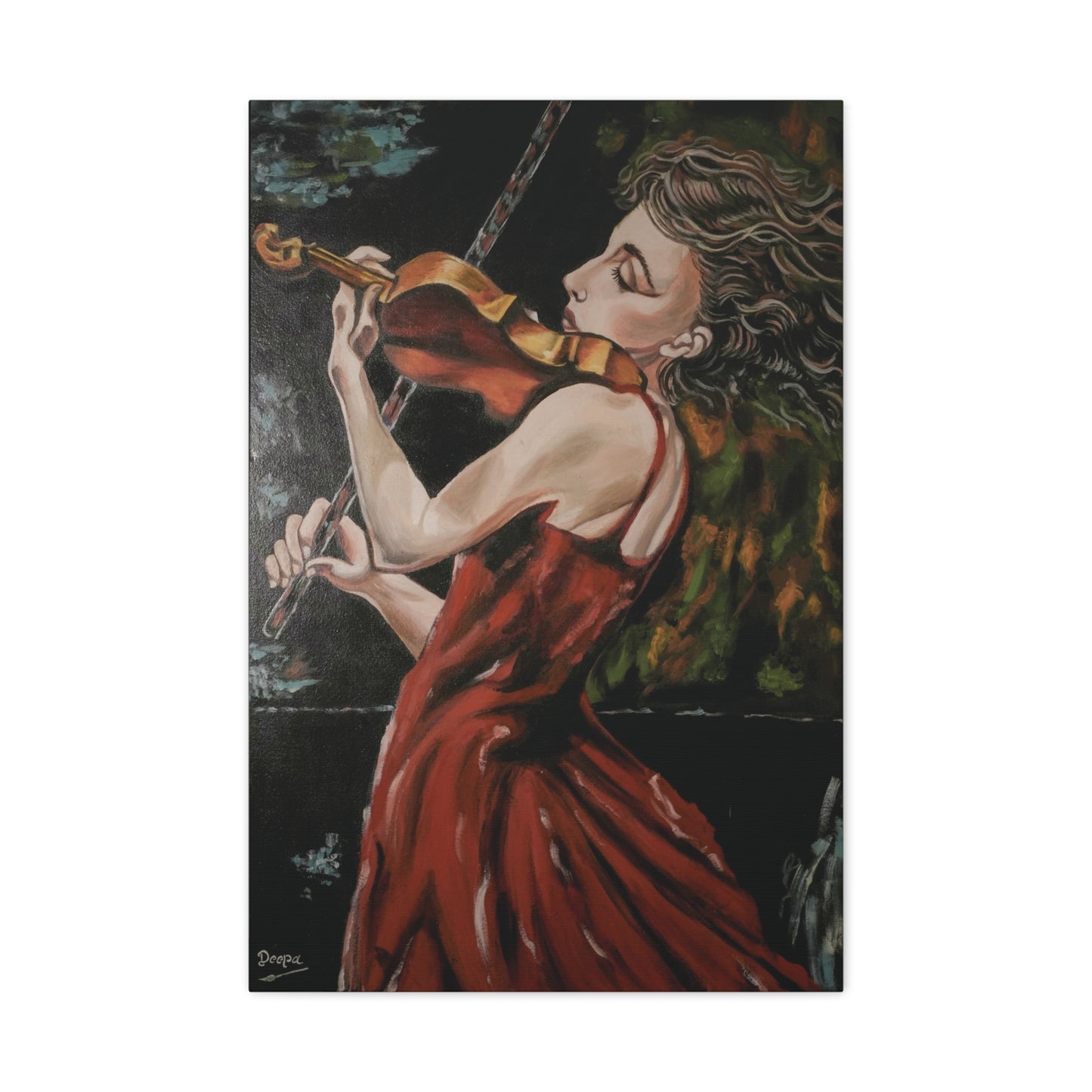 Violinist Wall Art Painting Print – Woman in Red Dress Playing Violin, Romantic Music Artwork, Expressive Canvas Decor