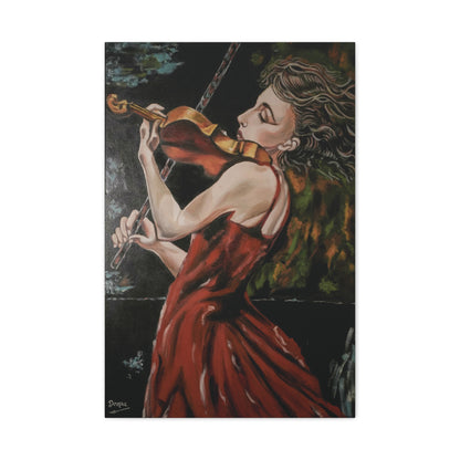 Violinist Wall Art Painting Print – Woman in Red Dress Playing Violin, Romantic Music Artwork, Expressive Canvas Decor