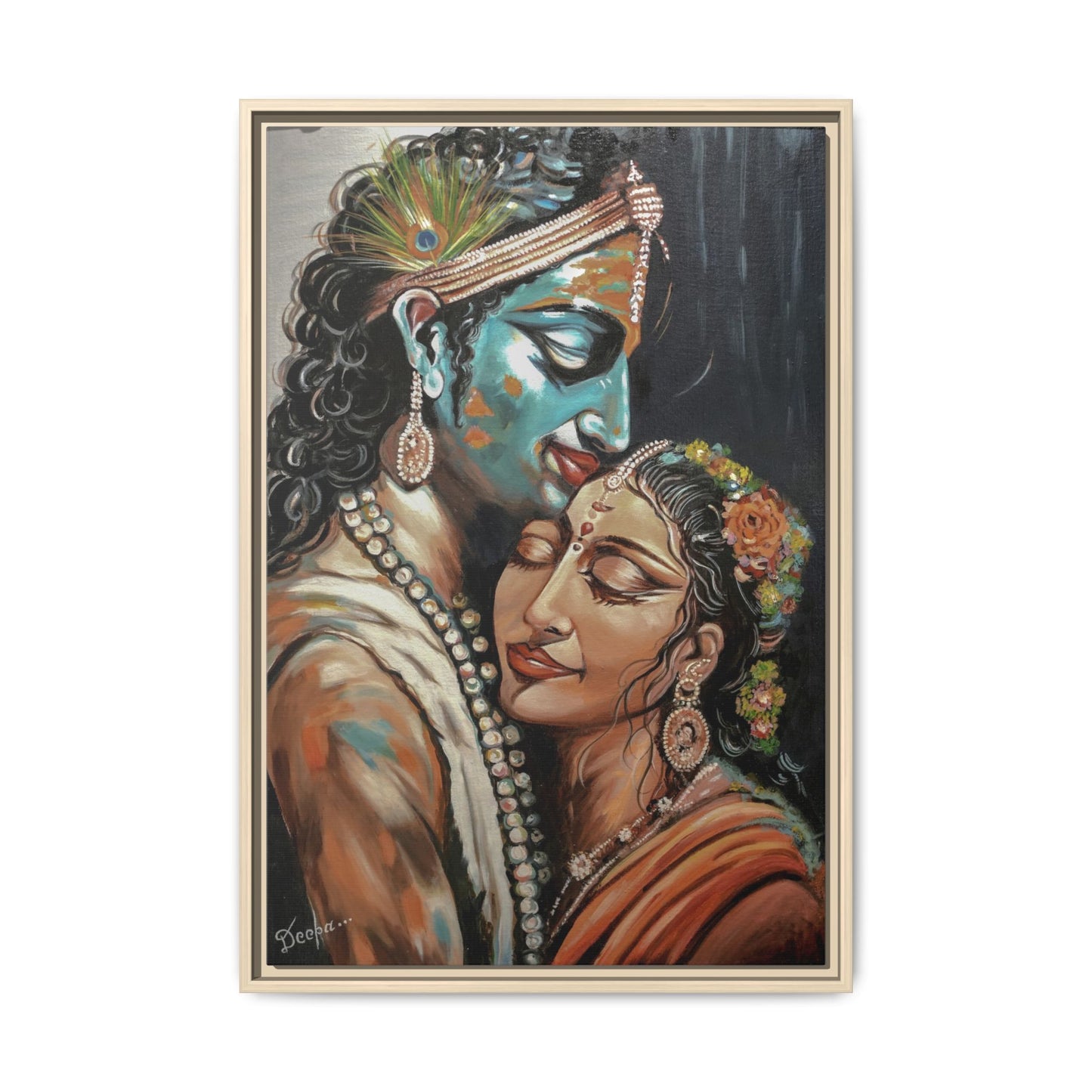 Radha Krishna Wall Art Print – Romantic Hindu Devotional Canvas – Krishna Peacock Feather Painting – Spiritual Home Decor