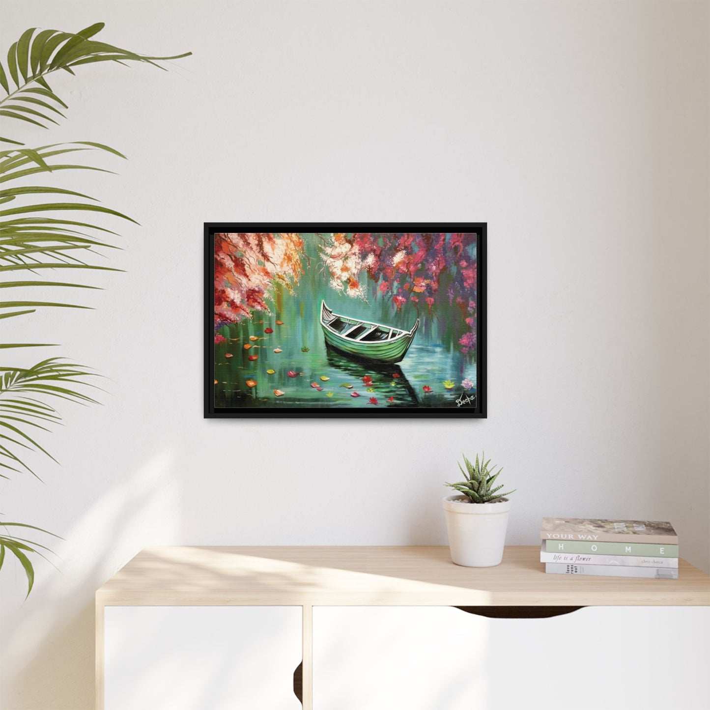 Boat Painting Canvas Print — Framed Matte Wall Art, Serene Lake with Floral Reflections | Original Artwork Printed and Framed Ready to use