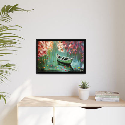 Boat Painting Canvas Print — Framed Matte Wall Art, Serene Lake with Floral Reflections | Original Artwork Printed and Framed Ready to use