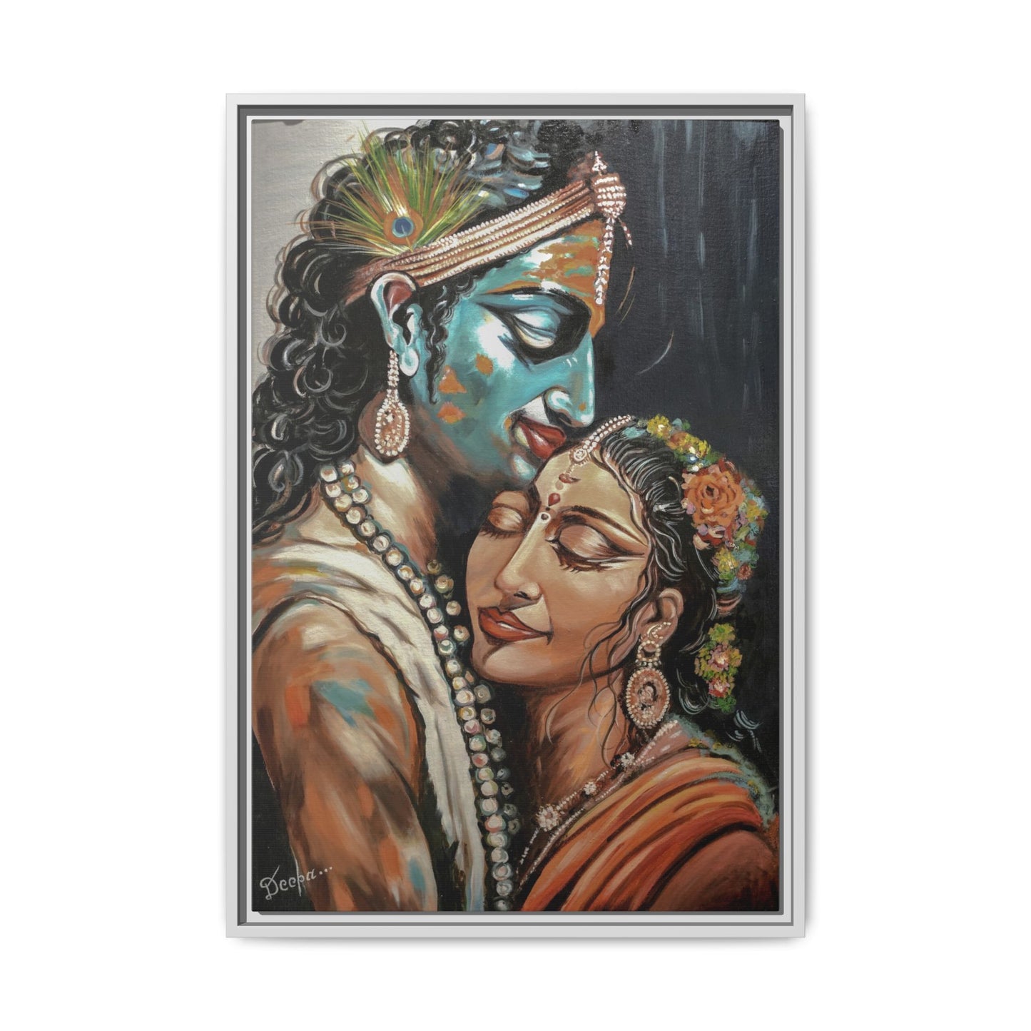 Radha Krishna Wall Art Print – Romantic Hindu Devotional Canvas – Krishna Peacock Feather Painting – Spiritual Home Decor