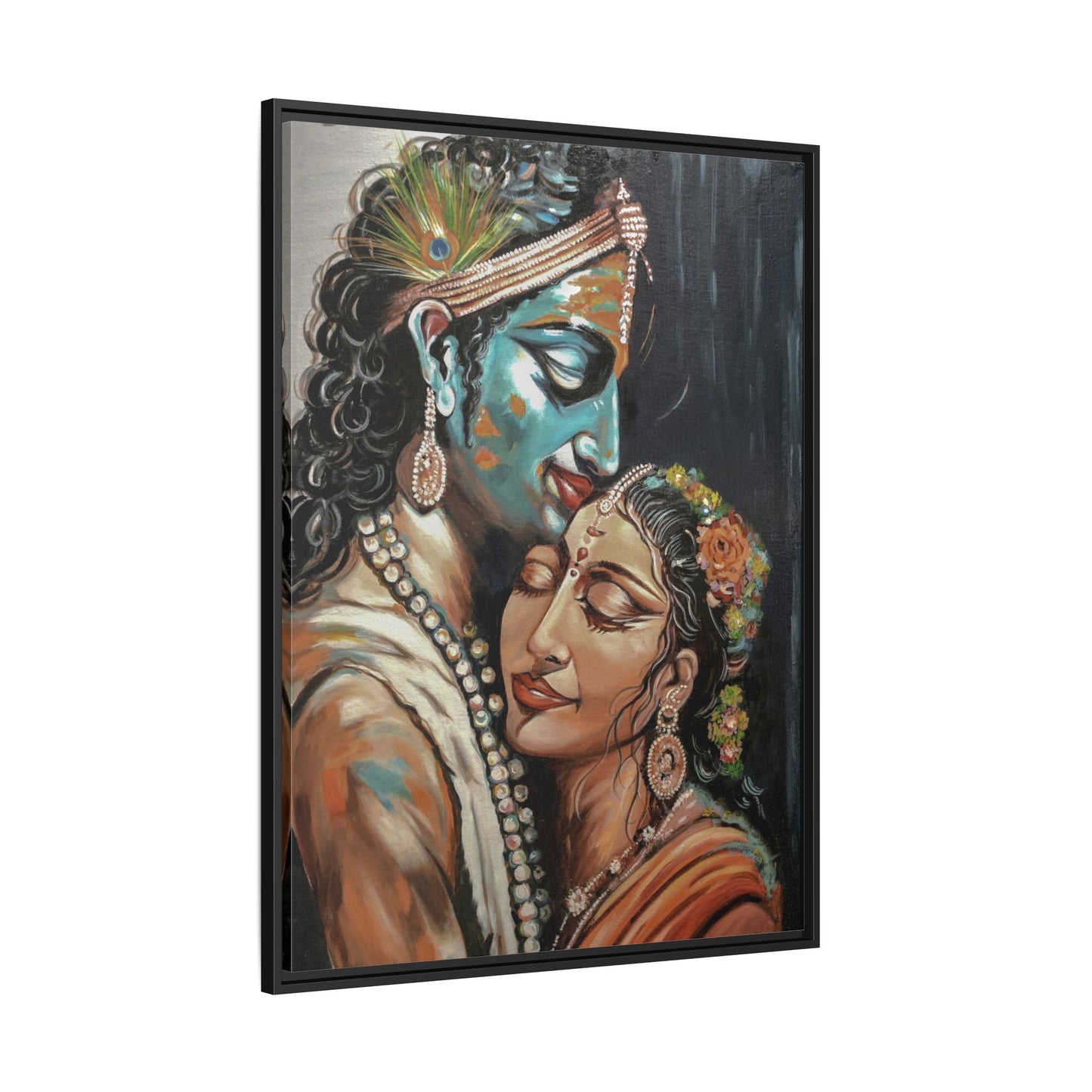 Radha Krishna Wall Art Print – Romantic Hindu Devotional Canvas – Krishna Peacock Feather Painting – Spiritual Home Decor