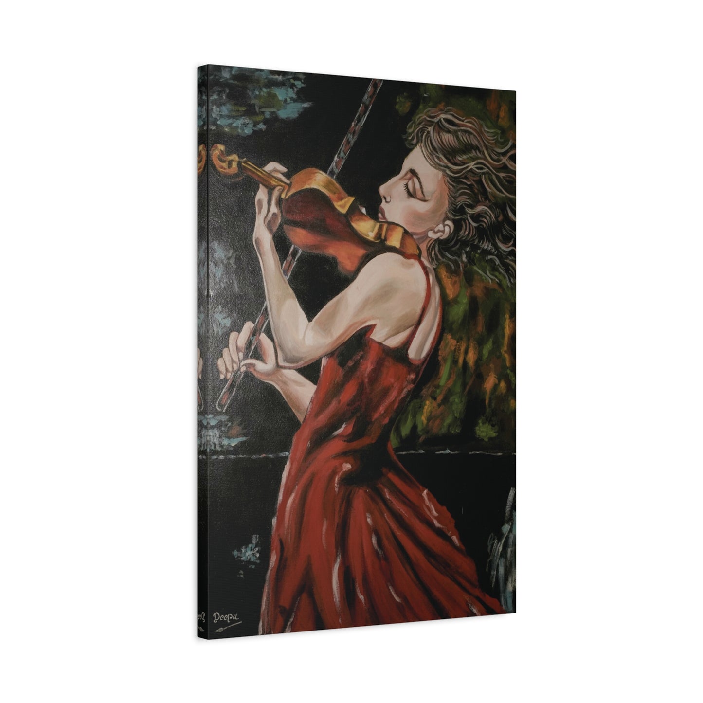 Violinist Wall Art Painting Print – Woman in Red Dress Playing Violin, Romantic Music Artwork, Expressive Canvas Decor