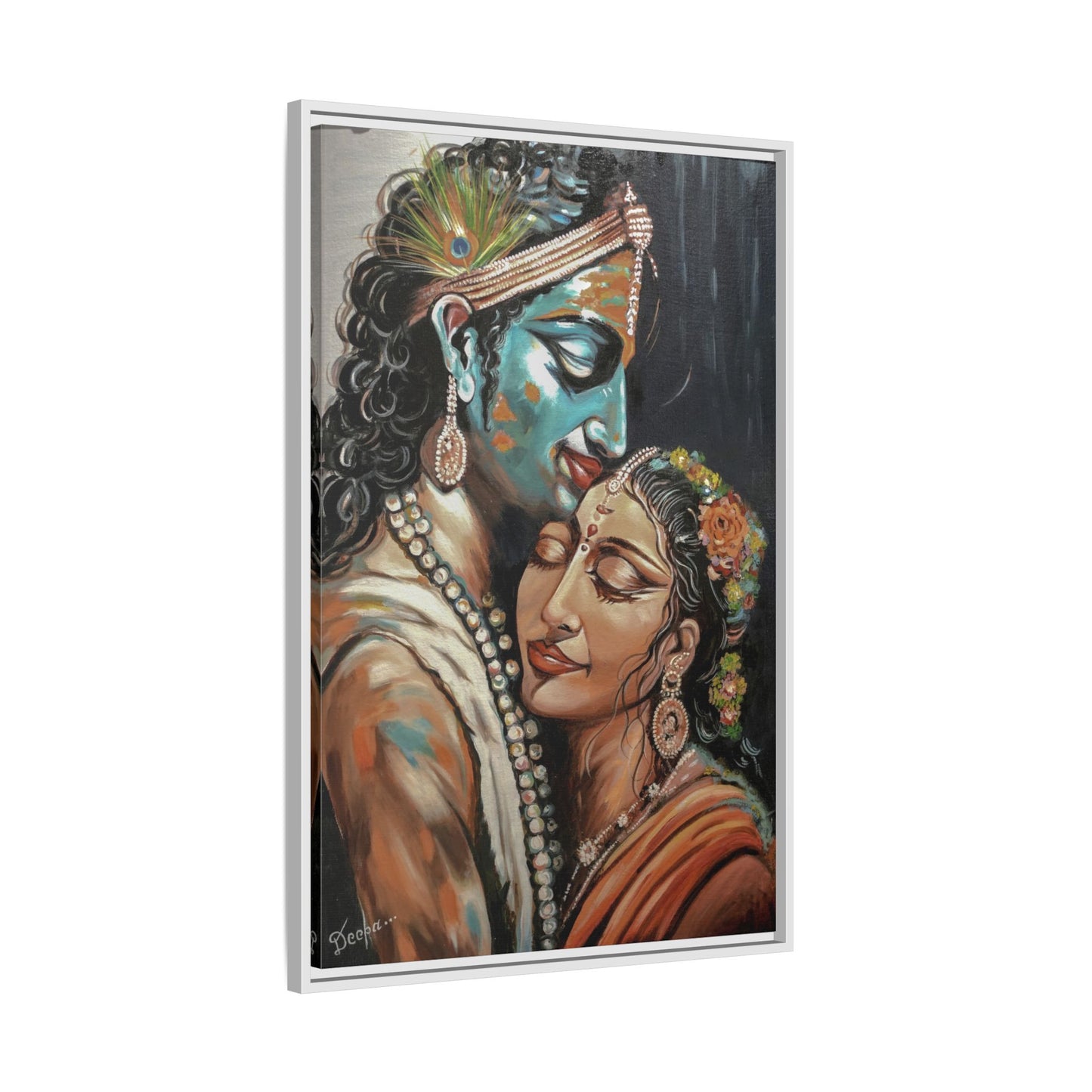 Radha Krishna Wall Art Print – Romantic Hindu Devotional Canvas – Krishna Peacock Feather Painting – Spiritual Home Decor