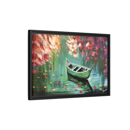 Boat Painting Canvas Print — Framed Matte Wall Art, Serene Lake with Floral Reflections | Original Artwork Printed and Framed Ready to use
