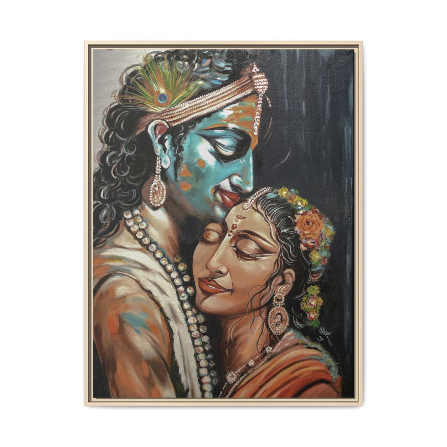 Radha Krishna Wall Art Print – Romantic Hindu Devotional Canvas – Krishna Peacock Feather Painting – Spiritual Home Decor