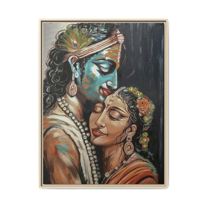 Radha Krishna Wall Art Print – Romantic Hindu Devotional Canvas – Krishna Peacock Feather Painting – Spiritual Home Decor