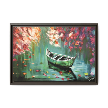 Boat Painting Canvas Print — Framed Matte Wall Art, Serene Lake with Floral Reflections | Original Artwork Printed and Framed Ready to use