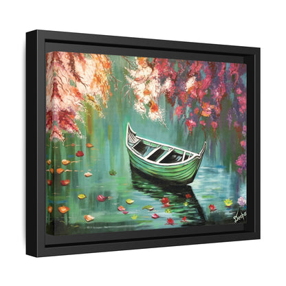 Boat Painting Canvas Print — Framed Matte Wall Art, Serene Lake with Floral Reflections | Original Artwork Printed and Framed Ready to use