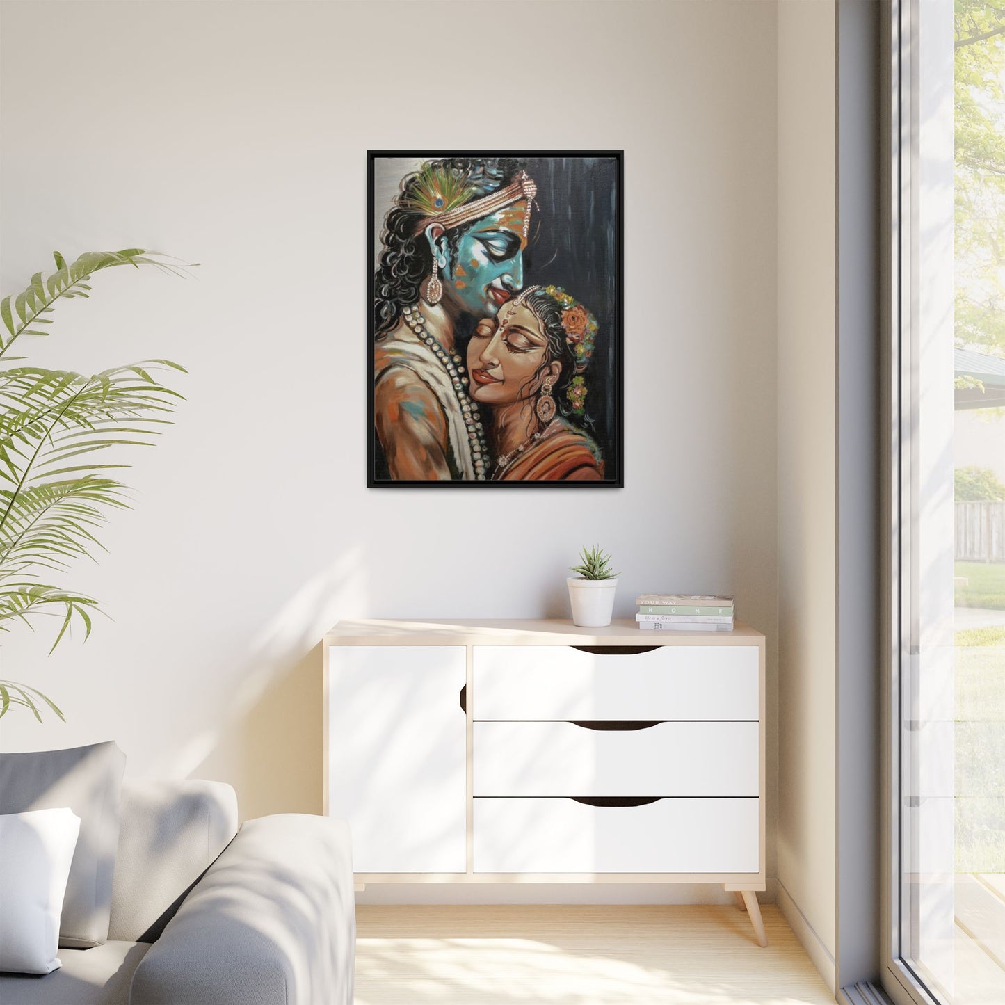 Radha Krishna Wall Art Print – Romantic Hindu Devotional Canvas – Krishna Peacock Feather Painting – Spiritual Home Decor