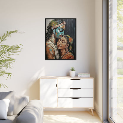 Radha Krishna Wall Art Print – Romantic Hindu Devotional Canvas – Krishna Peacock Feather Painting – Spiritual Home Decor