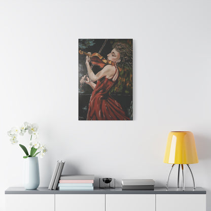 Violinist Wall Art Painting Print – Woman in Red Dress Playing Violin, Romantic Music Artwork, Expressive Canvas Decor