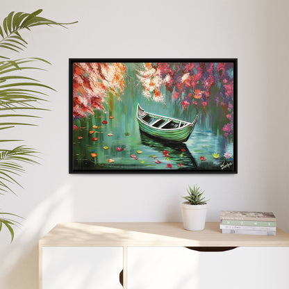 Boat Painting Canvas Print — Framed Matte Wall Art, Serene Lake with Floral Reflections | Original Artwork Printed and Framed Ready to use