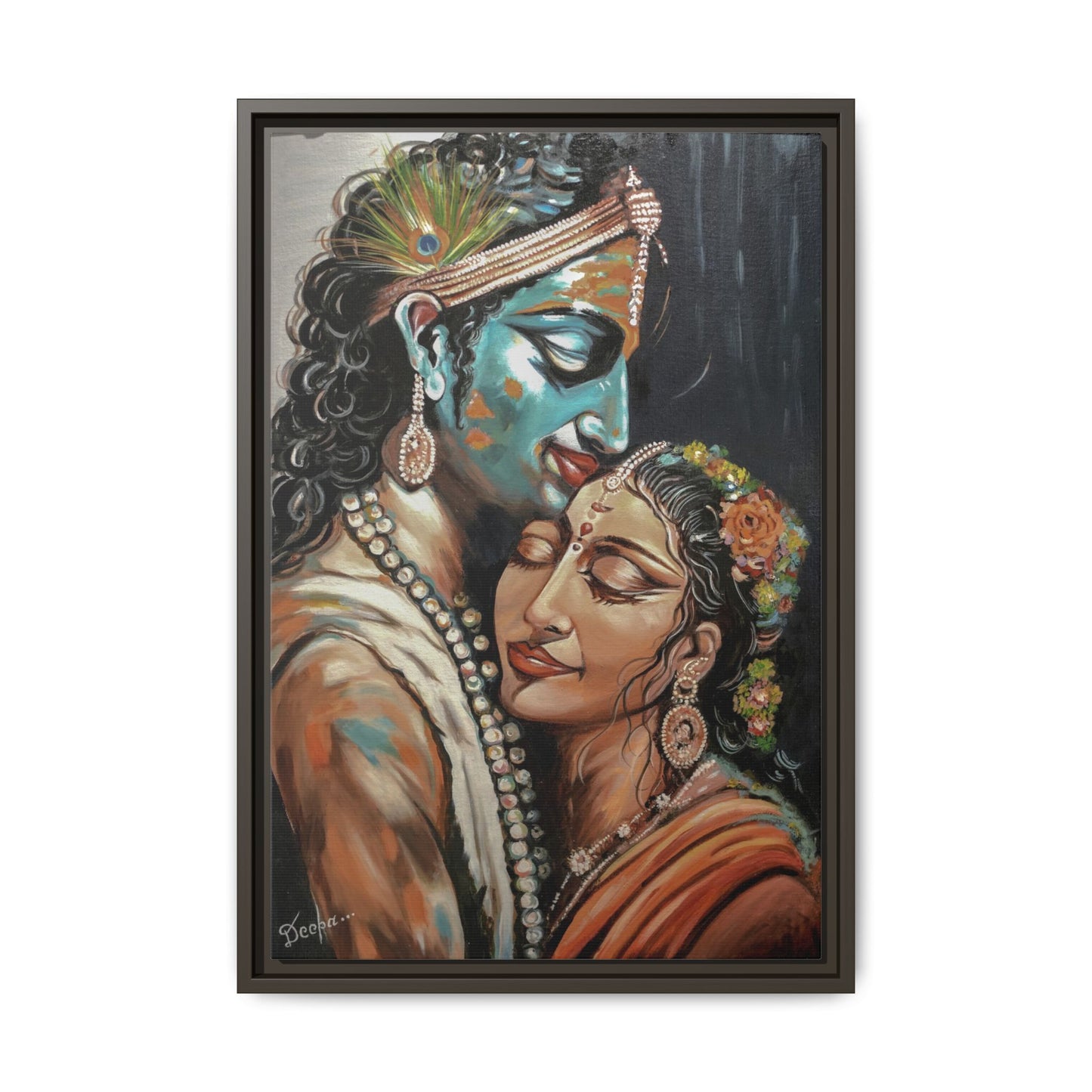 Radha Krishna Wall Art Print – Romantic Hindu Devotional Canvas – Krishna Peacock Feather Painting – Spiritual Home Decor