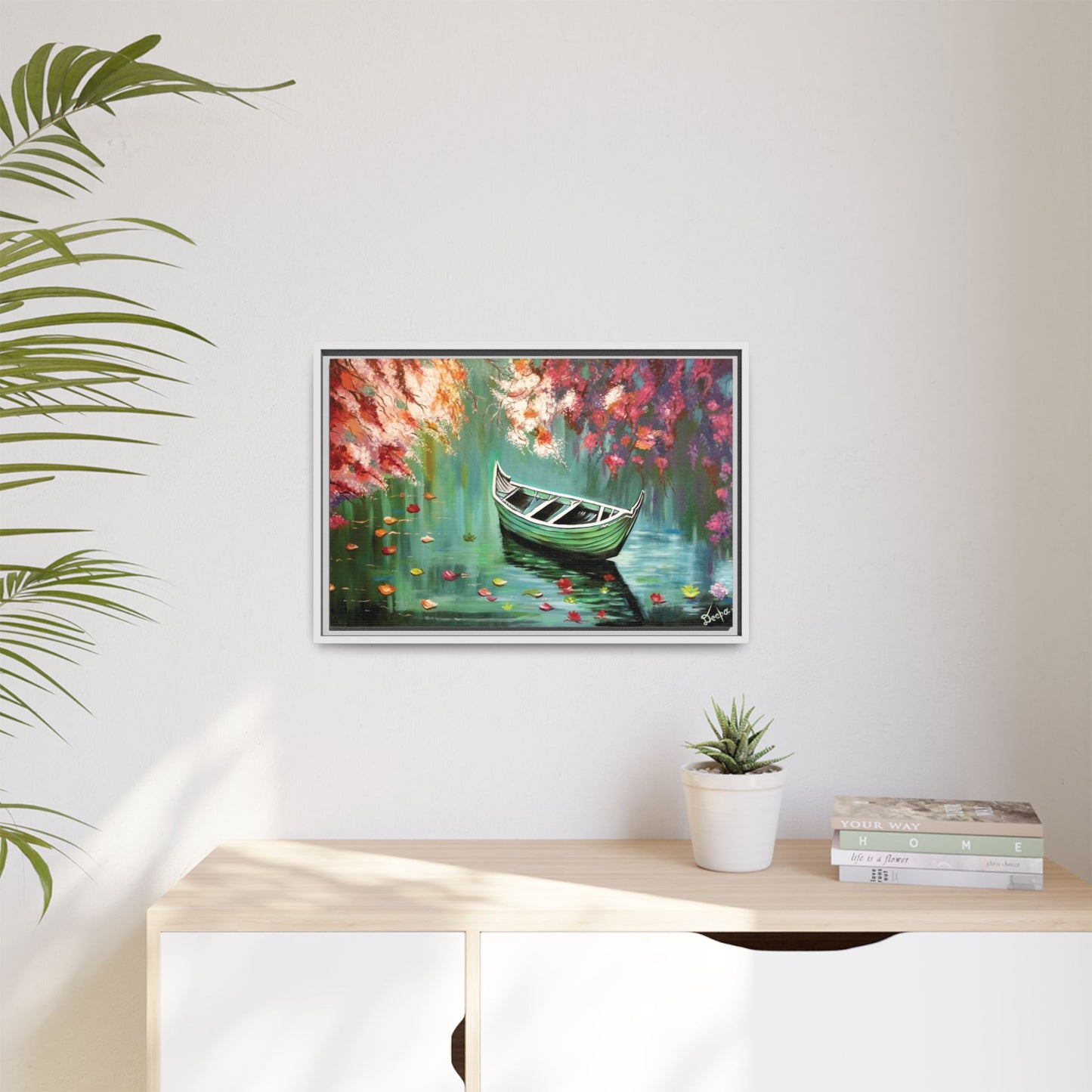 Boat Painting Canvas Print — Framed Matte Wall Art, Serene Lake with Floral Reflections | Original Artwork Printed and Framed Ready to use