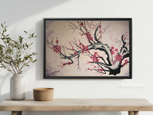 Cherry Blossom Wall Art Print  Floral Tree Canvas  Pink Blossom Painting  Nature Wall Decor  Asian Inspired Art  Spring Home Decor