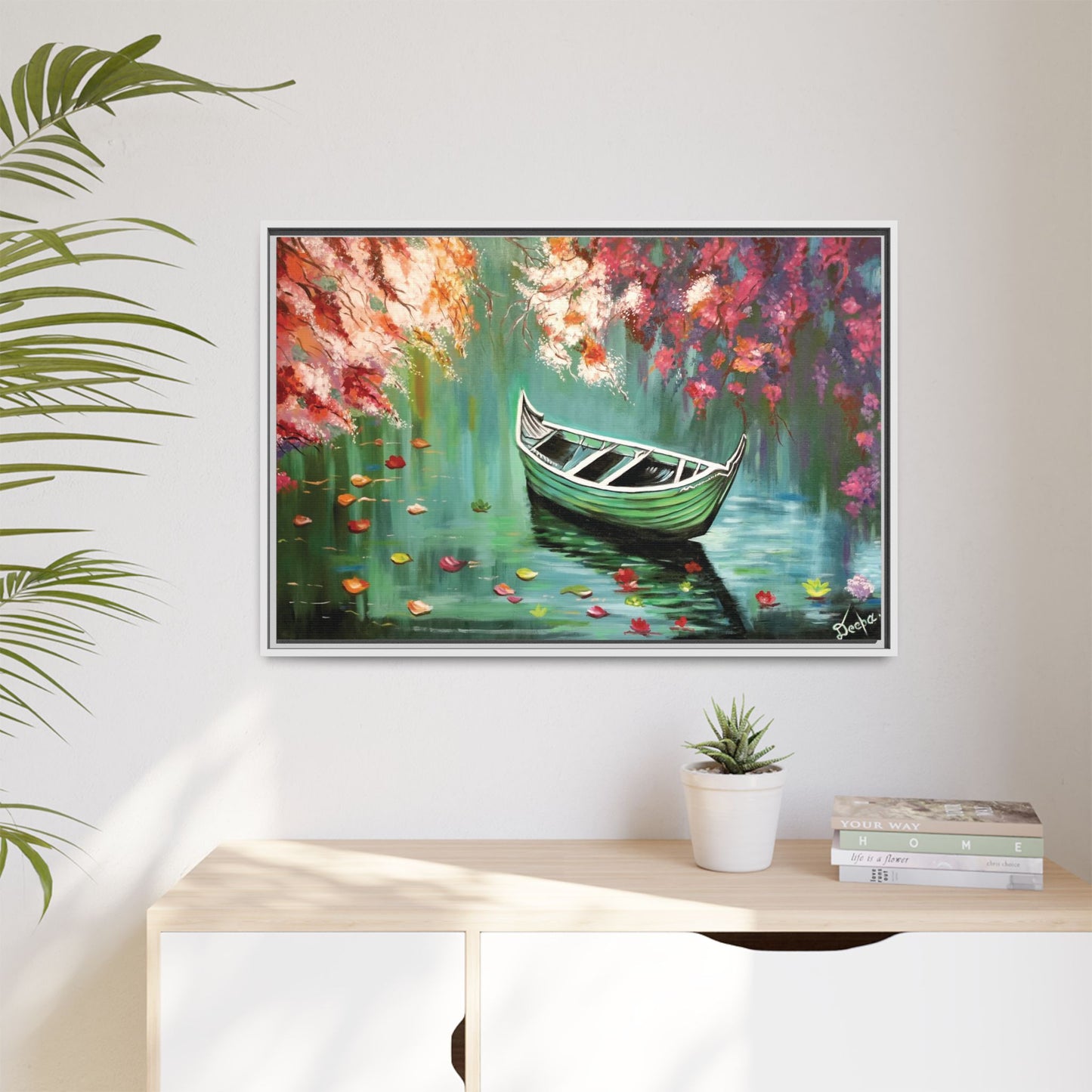 Boat Painting Canvas Print — Framed Matte Wall Art, Serene Lake with Floral Reflections | Original Artwork Printed and Framed Ready to use