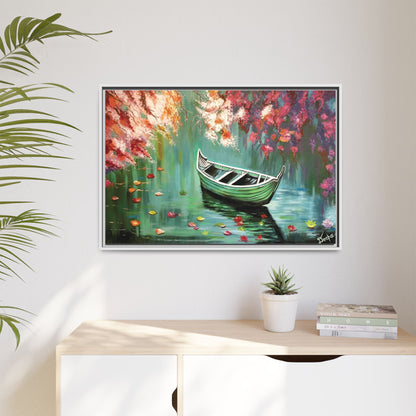Boat Painting Canvas Print — Framed Matte Wall Art, Serene Lake with Floral Reflections | Original Artwork Printed and Framed Ready to use